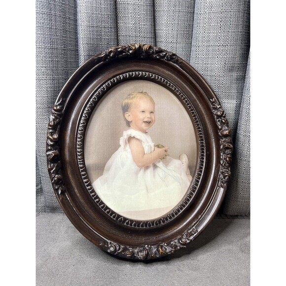 Antique Ornate Wood Carved Oval Glass Framed Victorian Flowers Brown Child - Picture 1 of 8